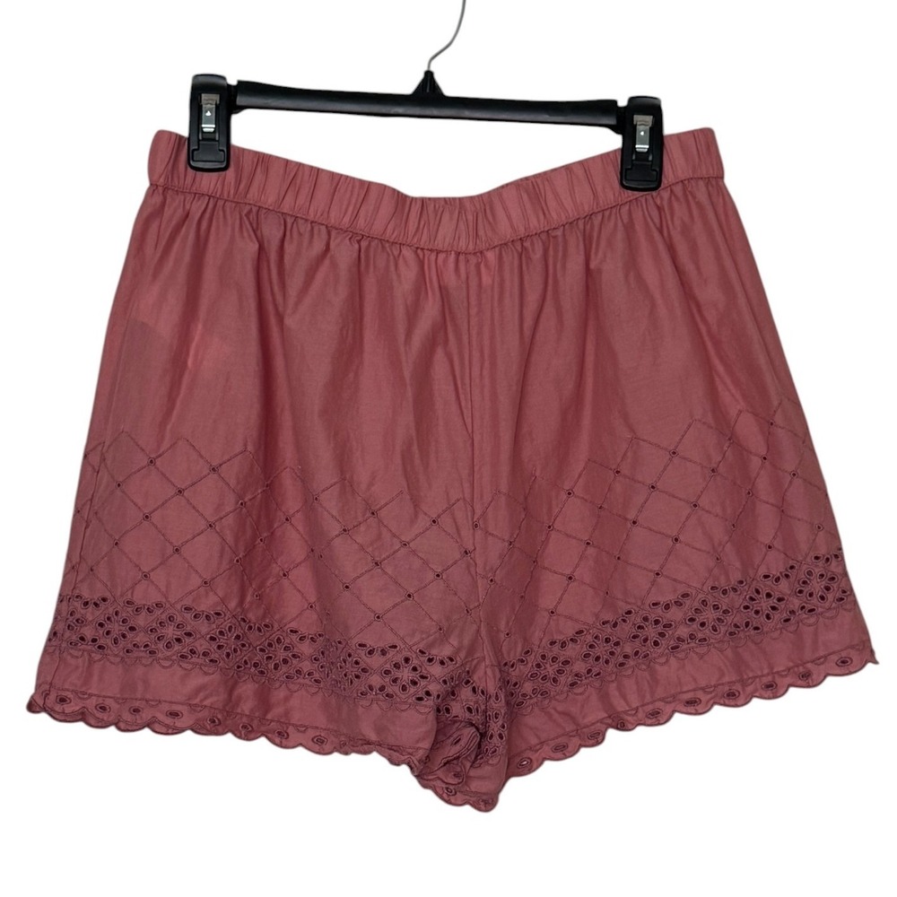 Shabby Chic Pink Eyelet Cotton Shorts Scalloped Hem Elastic Waist Large Light